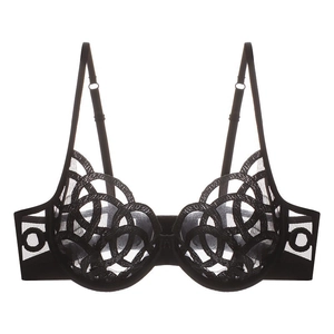 French style black lace mesh bra for women with geometric embroidery and underwire support
