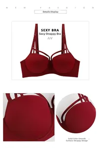 Detail view of burgundy seamless push-up bra featuring sexy hollow-out strappy design