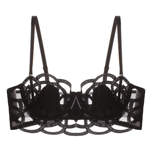Soutien-gorge corbeille en dentelle noire avec broderie géométrique et ailes en résille
