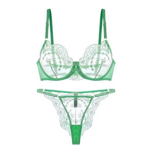 Grass green French lace embroidery bra and thong set shown in a flat lay professional view