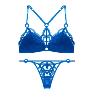 Detailed flat lay of royal blue lace lingerie set featuring intricate mesh cutouts