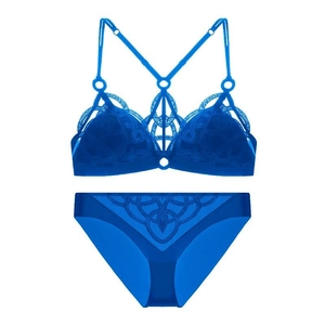 Detail view of sapphire blue lace lingerie set with floral embroidery and mesh texture