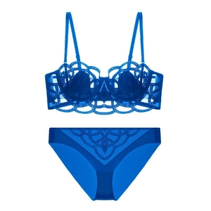 Broderie détaillée sur ensemble lingerie bleu roi en dentelle et maille pour femmes