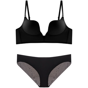 Seamless deep V-neck bra and panty set in black with sleek finish and wave textures