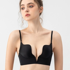 Seamless black deep V-neck push-up bra with thin straps and wire-free backless design