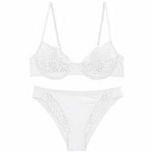 Detailed view of white floral lace bra set with supportive underwire and elegant mesh