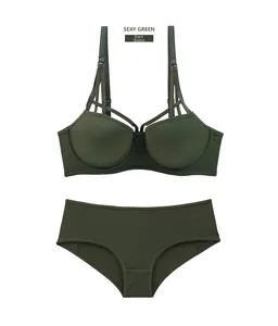 Detail view of seamless deep V dark green lingerie set with matching brief