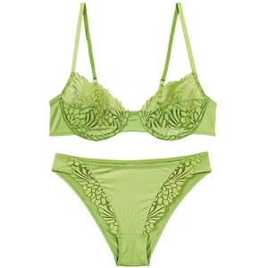 Detail of light green French lace lingerie set with sheer floral patterns and satin trim