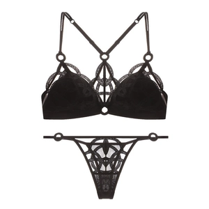 Women Sexy French Style Backless Lingerie Top And Bottom Geometric Hollow Out Mesh Embroidery Triangle Cup Bra Thong