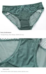 Détail du slip en dentelle florale vert foncé avec gousset en coton respirant