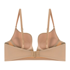 Seamless deep V-neck push-up bra in beige with adjustable straps and double back closure
