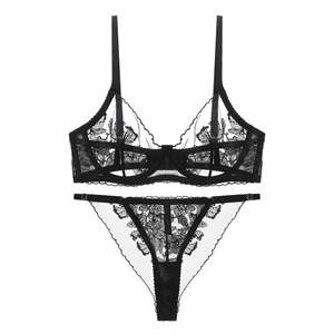 French style sexy black lace embroidery lingerie set with transparent mesh bra and thong