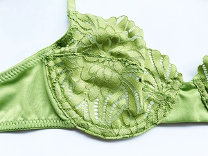 Close-up of light green ultra-thin lace bra showing delicate floral patterns and underwire