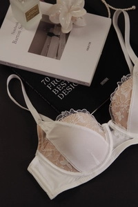 Détail du soutien-gorge élégant en dentelle blanche française avec satin et armatures