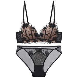 French Style Sexy Lace Lingerie Top And Bottom Embroidered Polyamide Triangle Cup Wire-Free Push-Up Cross Back Underwear Set