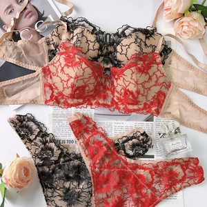 Ensemble de lingerie en dentelle française brodée avec fleurs rouges et bretelles