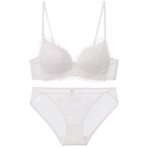 White French lace lingerie set with wireless bra and floral embroidery on white background