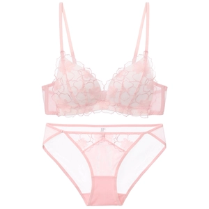 Pink French lace embroidery lingerie set with floral patterns and sheer mesh details