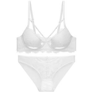 Elegant white lace lingerie set with underwire bra and matching eyelash lace panties