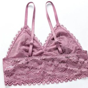 French style mauve lace bralette with thin mesh triangle cups and eyelash trim