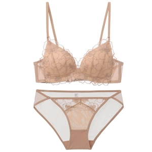 Detailed flat lay of beige lace lingerie set with floral embroidery and mesh panties