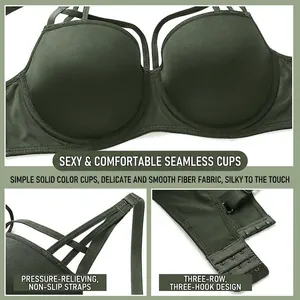 Seamless olive green push-up bra with multi-strap shoulder design and triple back hooks