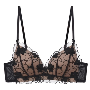 French style sexy black lace bra with floral embroidery and mesh wings for women