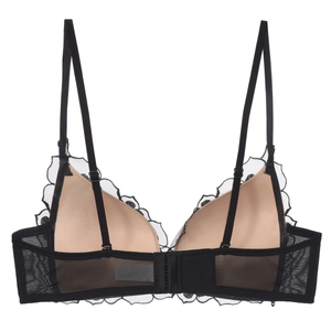 Detailed back view of sexy black lace bra featuring adjustable straps and mesh band