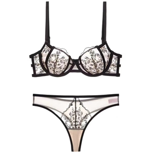 Französisch Sexy Stickerei Spitze Dessous Set Mit Bügel BH Und Passendem Thong Dünne Atmungsaktive Florale Mesh Unterwäsche Für Damen