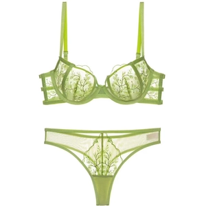 Dessous-Set aus Spitze in Limettengrün mit transparentem BH und passendem Thong