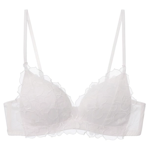 Close-up of white floral lace embroidery and delicate mesh wings on wireless bra