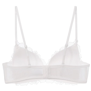 Detailed back view of white lace bra featuring adjustable straps and mesh wings