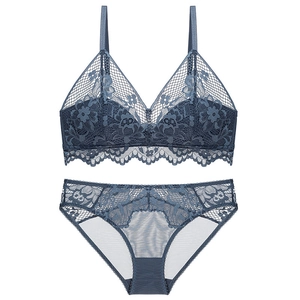 French Sexy Lace Bra And Panty Wireless Triangle Cup Minimizer Lingerie Floral Mesh Breathable Underwear For Women