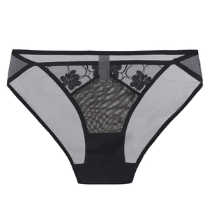 Close-up of elegant black lace embroidery and breathable mesh on sheer briefs