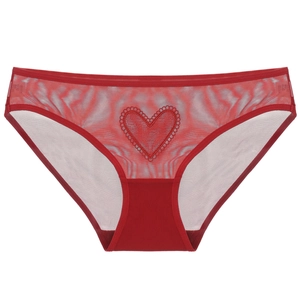 Sexy red mesh briefs for women featuring heart embroidery and breathable lace fabric