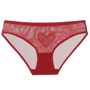 Red sheer mesh low rise panties for women with heart embroidery and breathable fabric