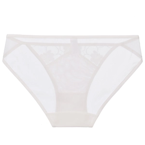 Detailed view of floral lace embroidery on white mesh panty with cotton crotch