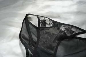 Detail of black sheer mesh panties with floral lace embroidery and cutout side straps