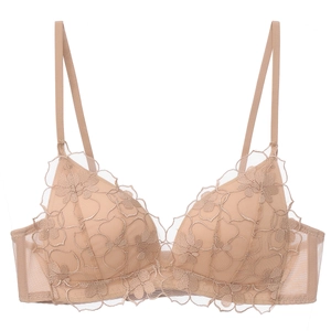 Detail of beige French lace bra featuring floral patterns and breathable mesh wings