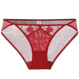 Red French style floral lace embroidery panties with breathable sheer mesh fabric