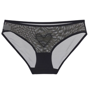 Sexy black mesh panties with heart embroidery and breathable lace for women
