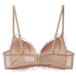 Detailed back view of lace bra with thin straps and breathable mesh paneling