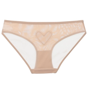 Detail view of skin-colored mesh panties with heart-shaped flocking and breathable fabric