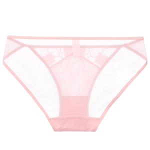 Detail of pink floral lace mesh panties showing delicate embroidery and breathable fabric