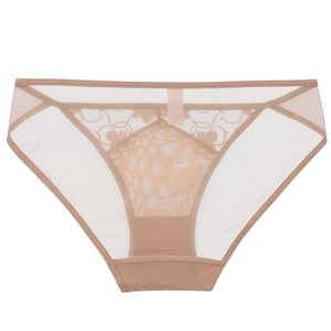 Detail of nude mesh panties with intricate floral embroidery and breathable lace fabric
