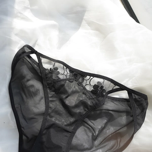 French style black sheer mesh panties with floral embroidery and cutout details