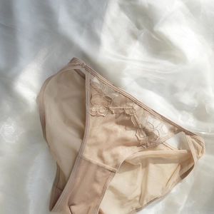 Detail of beige lace panties with floral embroidery and breathable mesh texture