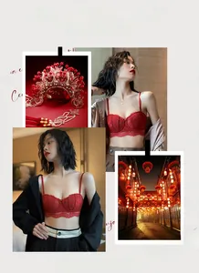 Détail de l'ensemble de lingerie en dentelle rouge avec broderie festive 1/2 bonnet
