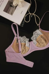 Detail of light purple lace bra showing fine eyelash trim and mesh lining texture