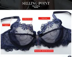 Detail of navy blue ultra-thin 3/4 cup lace bra with petal pattern and bow accent